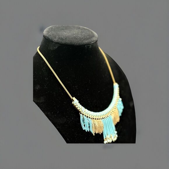 Bohemian Turquoise Blue Fringe Statement Necklace With Gold Chain - Picture 2 of 4